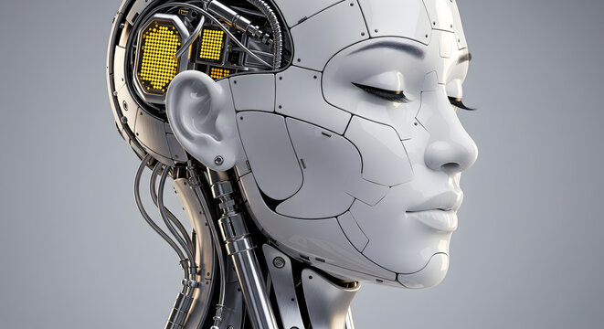 Close-up profile of a humanoid robot head with exposed mechanical internal circuits and smooth white outer plating.