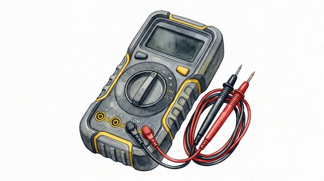 Professional Digital Multimeter for Electrical Testing and Measurement, Watercolor Electronics Tool Illustration Isolated on White