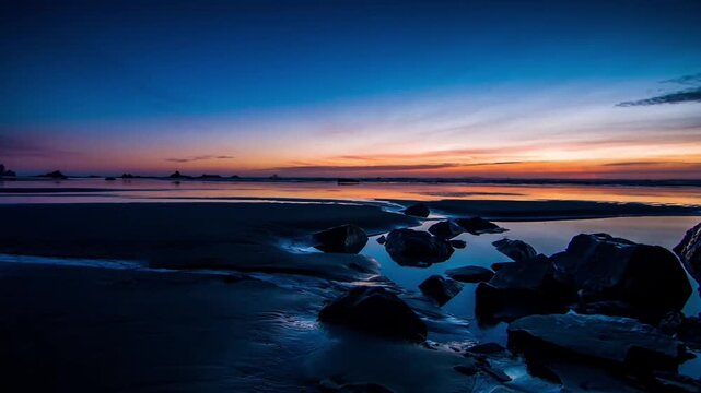 Dark rocks scatter across wet sand reflecting vibrant orange, purple, and blue hues along a serene coastal shoreline at dusk wide shot