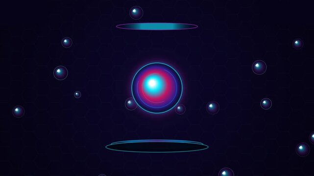 Glowing neon sphere suspended in dark space with orbiting particles for futuristic digital animation motion footage
