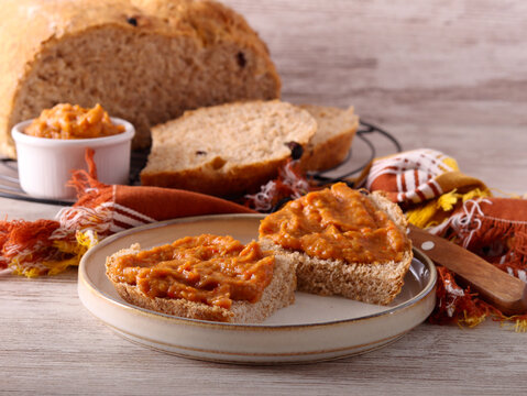 Homemade brown bread with vegetable spread