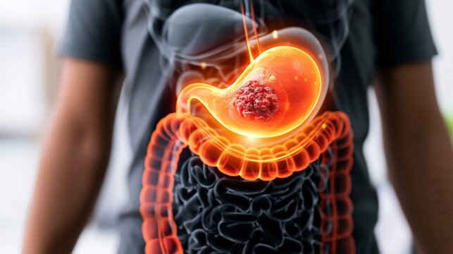 Human digestive system illustration showing glowing stomach with gastric tumor, highlighting cancer and disease