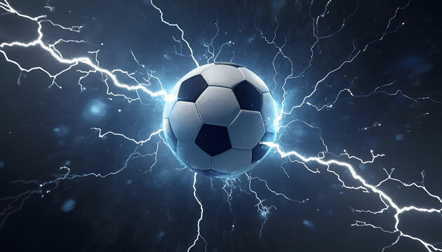 Soccer ball surrounded by powerful electric lightning strikes glows intensely against a dark blue energy background.