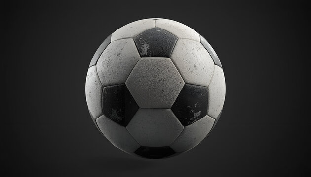 Soccer ball with classic black and white pentagonal panels showing scuffs and dirt sits centered on dark background.