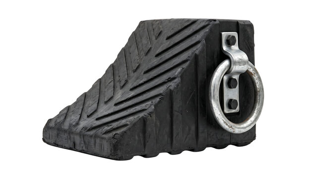 Heavy duty black rubber wheel chock with metal handle for parking safety of trucks and vehicles isolated on transparent background