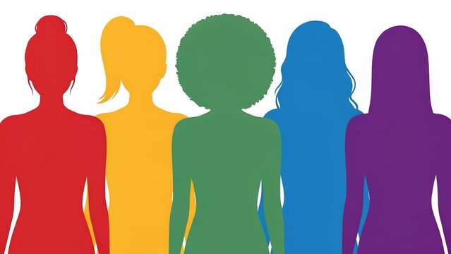 Silhouettes of five diverse women standing together in a row with rainbow colors on white background