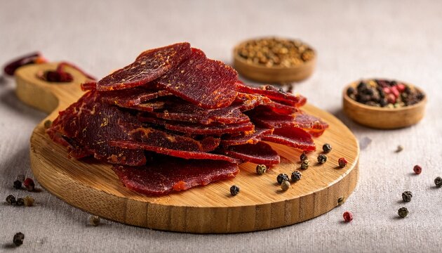 sliced peppered beef jerky piled on a wooden board with peppercorns and spices rustic high protein snack