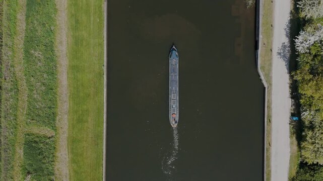 Aerial view of narrowboat navigating Knowle Locks