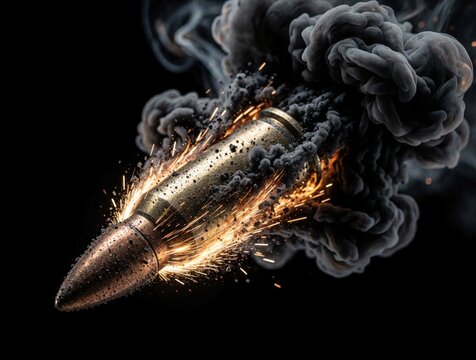 Single metal bullet flies through dark space with orange sparks, thick grey smoke. High speed projectile moves fast with explosive force. Dynamic shot of ammunition shot from gun hitting target