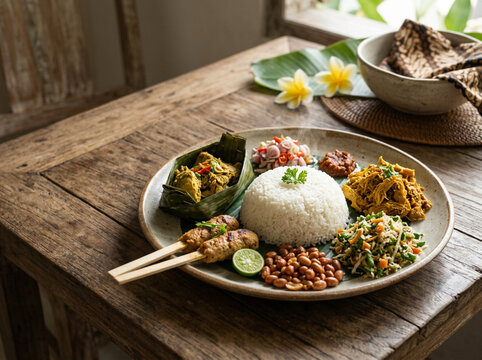 Balinese Nasi Campur with Traditional Indonesian Side Dishes on Rustic Wooden Table 