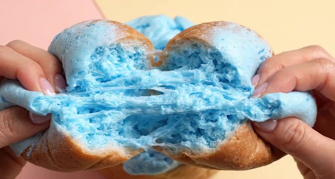 Soft pastel blue cloud bread stretches apart, revealing an airy fluffy interior with delicate texture.
