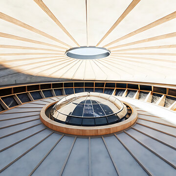 Architectural interior photograph of a circular skylight and wooden roof structure bright daylight architecture radial