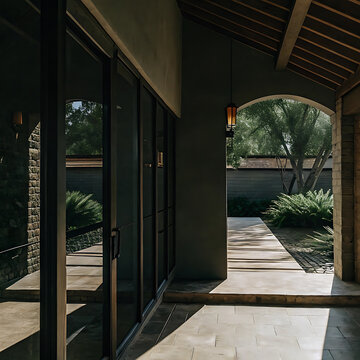 Architectural interior with arched doorway and stone walls a photorealistic scene architecture interiors archway stonework