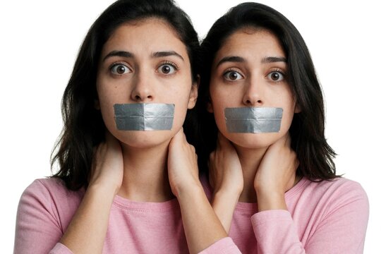 Young woman with duct tape over mouth. Two identical faces look at camera with wide eyes. Person feels silenced suppressed. Concept of censorship, lack of freedom, inability to speak out against