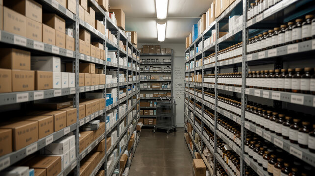 Photorealistic Pharmacy Stockroom With Boxes, Labeled Shelves, And Fluorescent Lights, No People.