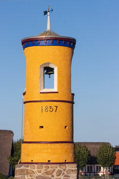 Close-up of the historic bell tower in the scenic village of Nordby on Samso island, Denmark