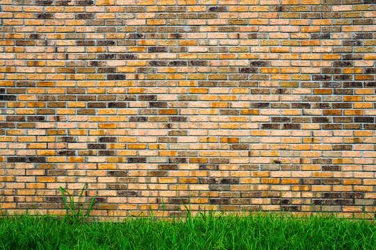Brick wall texture meets green grass foreground. Brick wall background provides natural copy space. Outdoor architecture features brick wall and lawn. Green grass borders brick wall below.