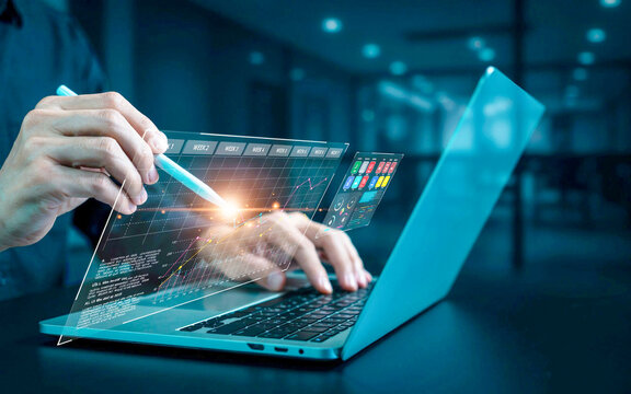 Futuristic interaction with a holographic laptop display, visualizing complex data and innovative technology for advanced business analytics and digital transformation