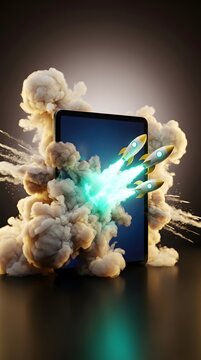 3D Rockets Launching from Digital Tablet for Startup and Business Growth Concept