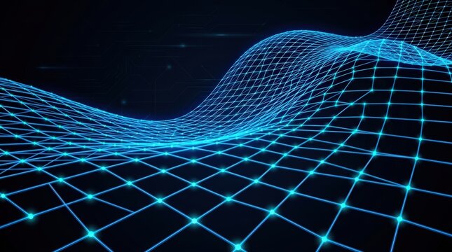 Abstract Blue Grid Wave Pattern on Dark Background