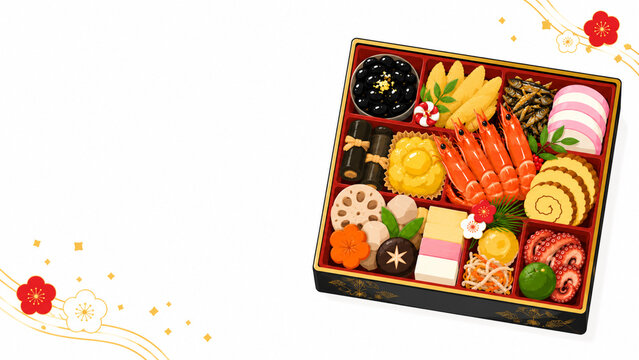 Japanese Osechi New Year Food Illustration in Lacquer Box, Flat Vector Top View