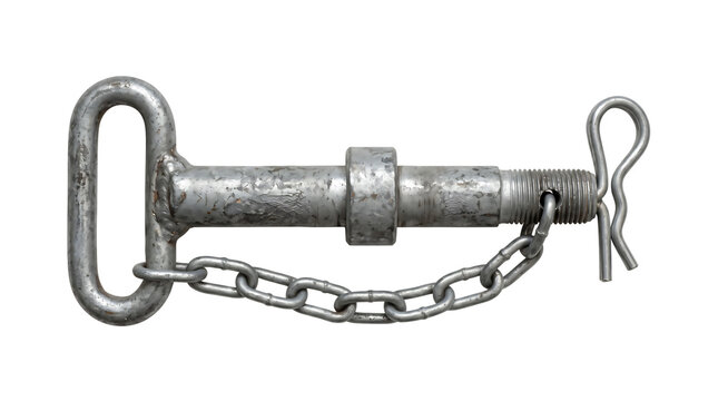 Heavy duty metal hitch pin with a safety chain and cotter pin for agricultural equipment use isolated on transparent background