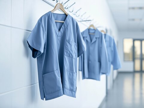 Clean scrubs hang on a wall hook in a bright staff room, reflecting the healthcare worker shortage