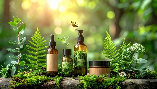 Organic beauty products with plants and eco friendly packaging