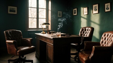 Fototapeta premium Dim office scene with leather chairs and wooden desk. Lit cigarette smoke rises over whiskey glass. Framed vintage portraits hang on deep green walls.