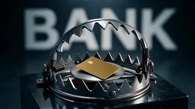 Close-up of a new credit card inside a large steel trap resting on a rotating marble pedestal with a big BANK sign behind it. Financial bondage, credit trap and manipulative banking practice concept