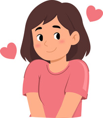 Happy young girl with brown hair and pink shirt, smiling brightly with two red hearts symbols. Perfect for valentines day designs.