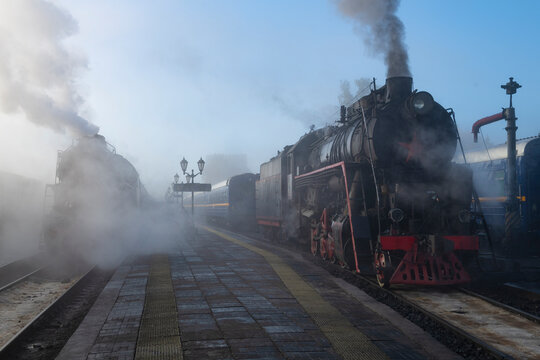 A foggy October morning on the platform of Sortavala station, Karelia