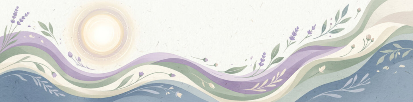 Abstract floral banner with soft wavy lines and sun in pastel colors.
