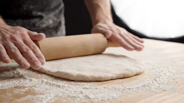 Man rolls out fresh pizza dough with a wooden rolling pin on a table