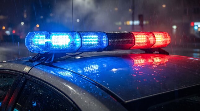 Dynamic close-up of police siren lights illuminating a wet car roof during an evening downpour, conveying urgency and law enforcement presence