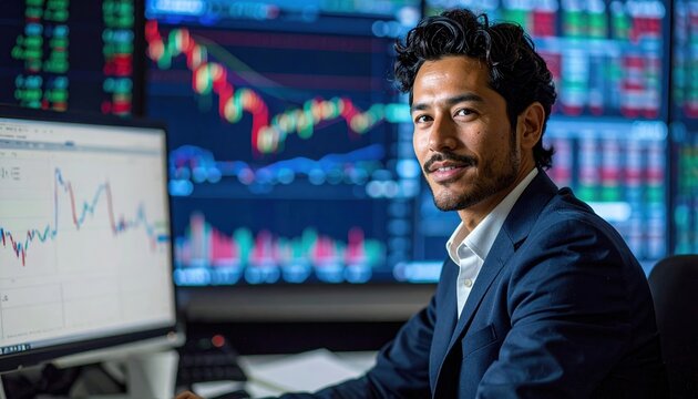 Stock market trader working in modern financial office