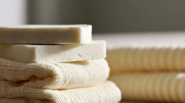 Stacked white laundry sheets with soft textured fabric under warm natural light  clean minimalist composition