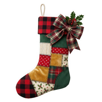 Patchwork Christmas stocking with plaid cuff and holly bow isolated on white background