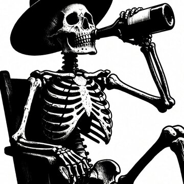 Skeletal figure wearing hat, sitting, drinking from bottle. Black, white image of skull skeleton portrait. Editorial illustration of skeleton with skull. Skeletal figure portrayed holding bottle,