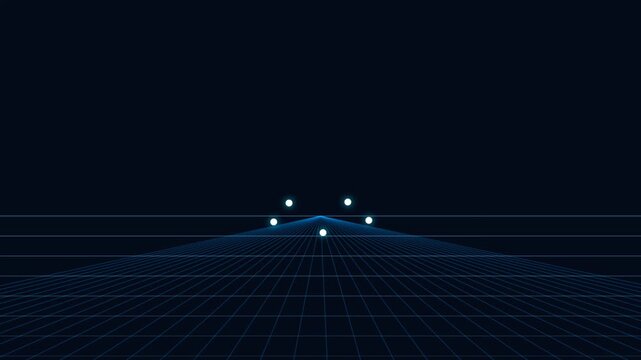 Glowing white spheres moving in rhythm across blue digital grid lines in this abstract motion video