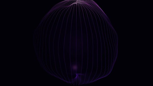 Purple glowing wireframe sphere oscillating in a dark void for professional high quality motion video footage