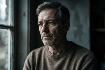 Fototapeta premium Worried man by window looks outside. Mature guy feels sad, lonely, tired, stressed, alone. Face shows fatigue, depression, worry, crisis. Gloomy mood.