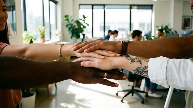 Diverse business team stacking hands together in a modern office for unity and teamwork