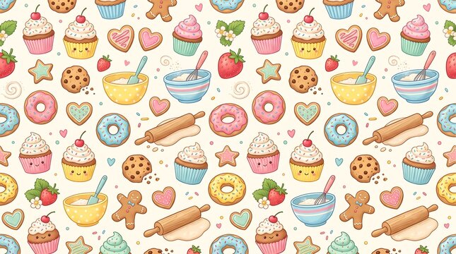 Cute Watercolor Seamless Pattern of Baking Sweets Cupcakes Donuts Cookies and Kitchen Tools