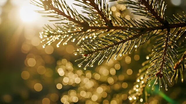 Sunlight filtering through wet pine needles on a branch with sparkling water droplets, creating