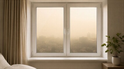 Fototapeta premium Closed Window Framing a Hazy Cityscape in a Minimalist Room