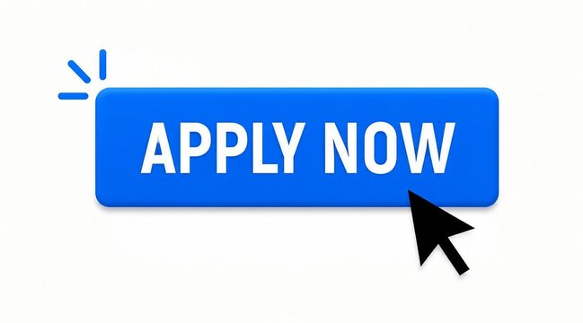 Blue apply now button with cursor clicking on transparent background