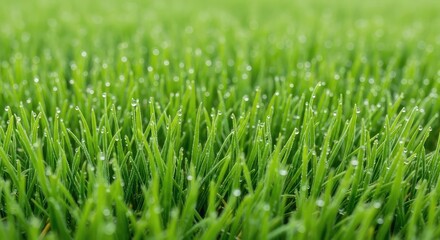 Fototapeta premium A vibrant green lawn with a lush texture is shown in a sharp closeup, highlighting individual blades of grass in a well-kept suburban yard, green, manicured, meadow
