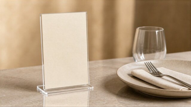 Blank Acrylic Table Tent on Elegant Neutral Restaurant Table Setting