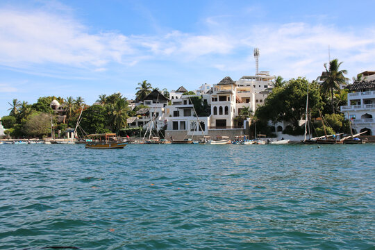 Traditional dhow boats along the waterfront of Lamu Island, Kenya, with Swahili architecture and palm trees on the tropical Indian Ocean coast.